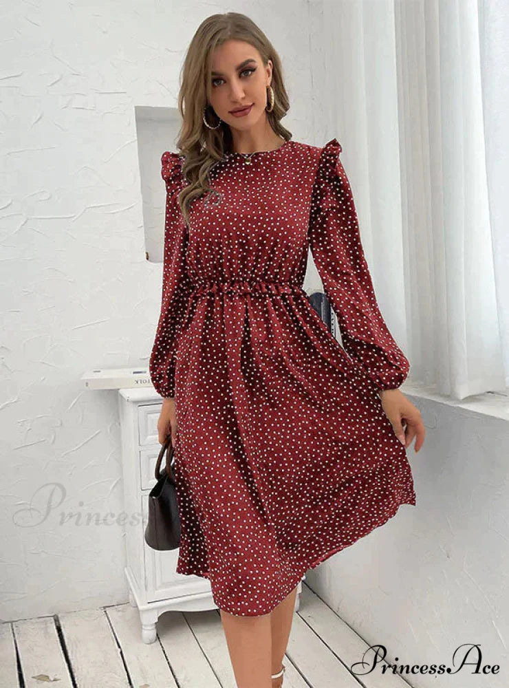 Polka Dot Long Sleeve Dress S / burgundy