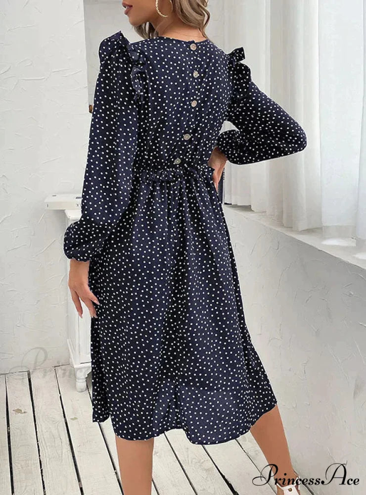 Polka Dot Long Sleeve Dress S / navy blue