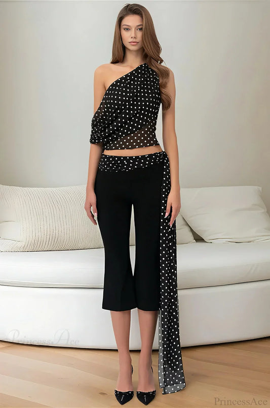 Polka Dot Off Shoulder Crop Top Tow Pieces Set Black / S