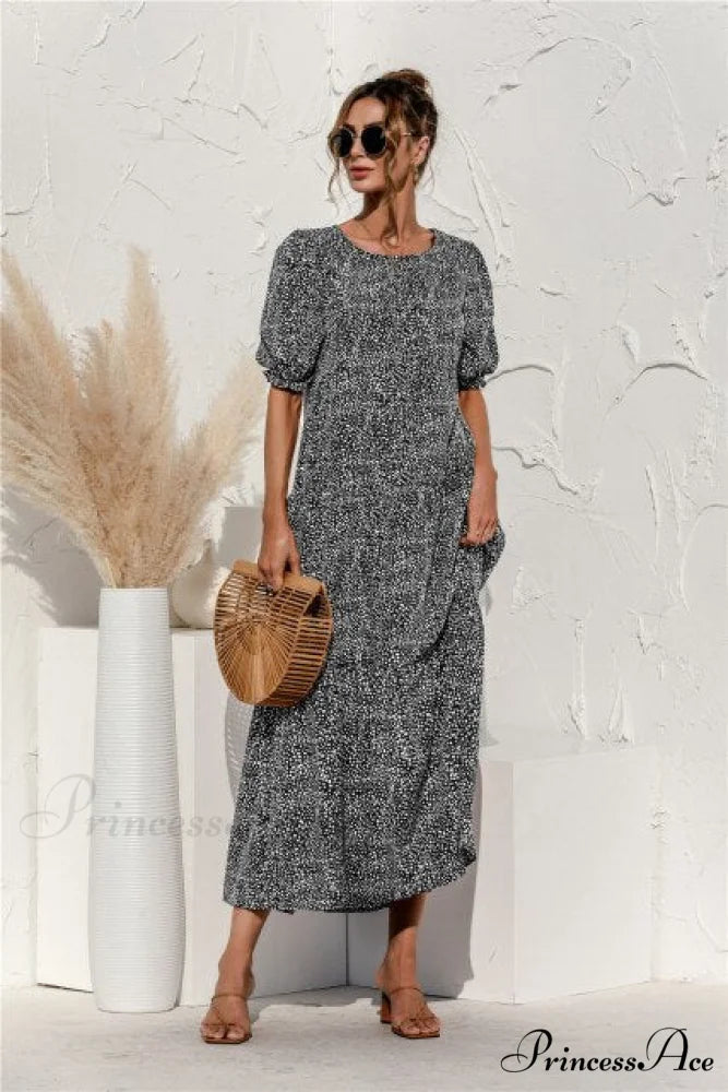 Polka Dot Plaid Print Robe Maxi Dress Black Dot / S