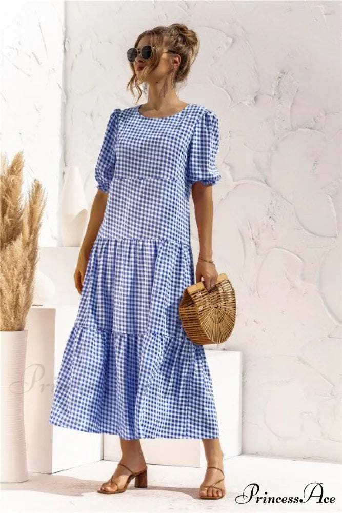 Polka Dot Plaid Print Robe Maxi Dress Blue / S