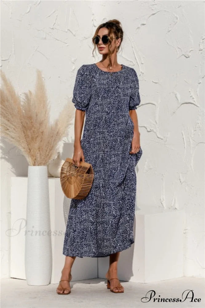 Polka Dot Plaid Print Robe Maxi Dress Dark Blue Dot / S
