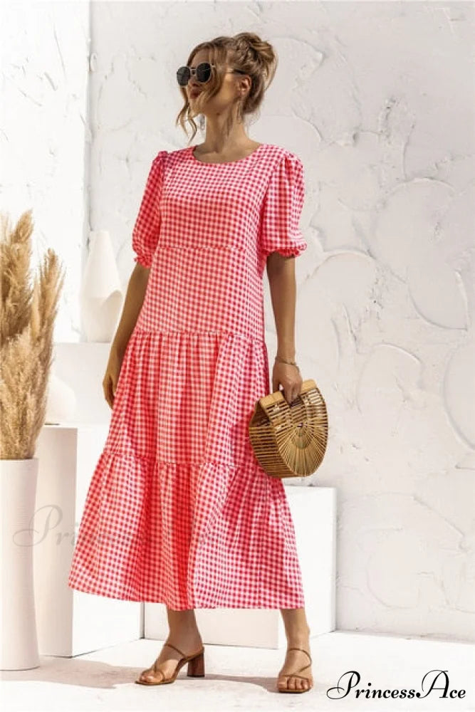 Polka Dot Plaid Print Robe Maxi Dress Red / S