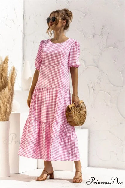 Polka Dot Plaid Print Robe Maxi Dress Rose Red / S
