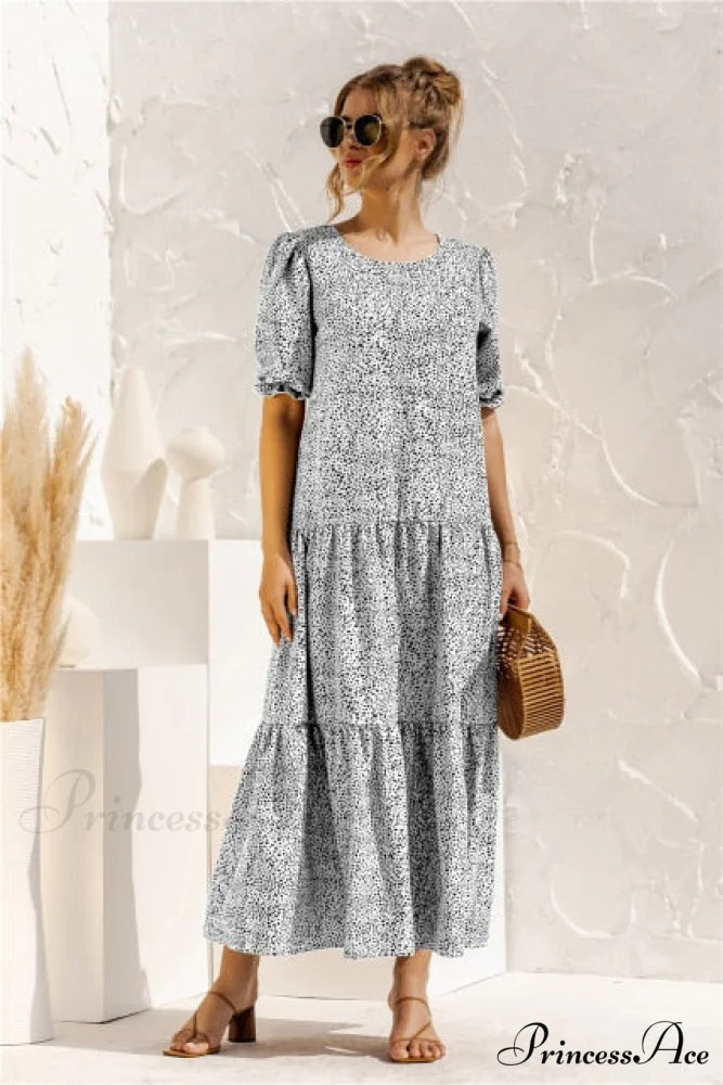 Polka Dot Plaid Print Robe Maxi Dress White Dot / S
