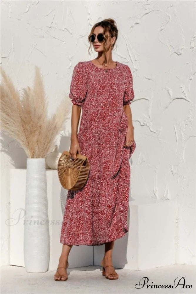 Polka Dot Plaid Print Robe Maxi Dress Wine Red Dot / S
