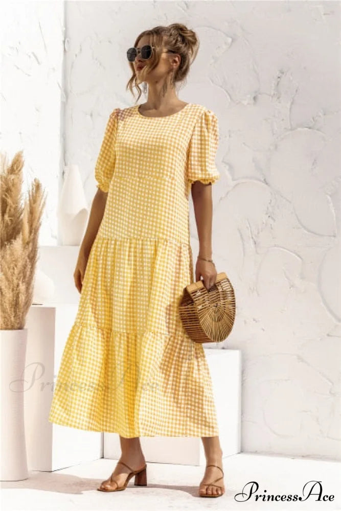 Polka Dot Plaid Print Robe Maxi Dress Yellow / S