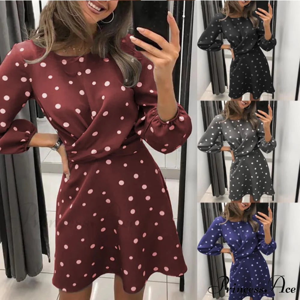 Polka Dot Printed Women’s Dress with O-neck and Long Sleeves M / BURGUNDY