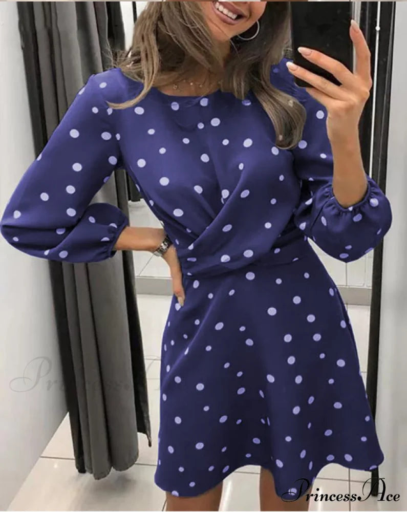 Polka Dot Printed Women’s Dress with O-neck and Long Sleeves M / GRAY