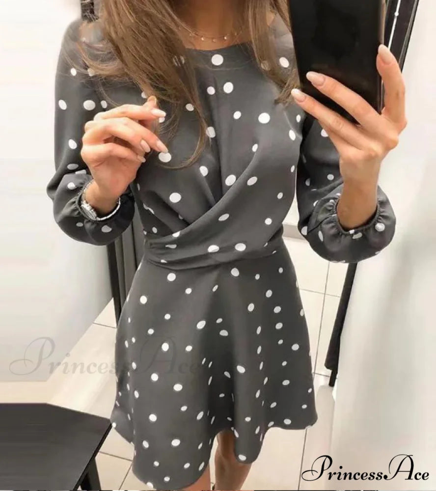 Polka Dot Printed Women’s Dress with O-neck and Long Sleeves S / BLACK