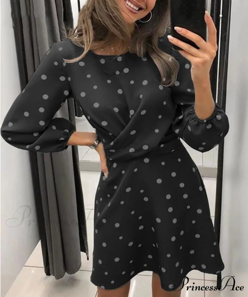 Polka Dot Printed Women’s Dress with O-neck and Long Sleeves S / BLUE