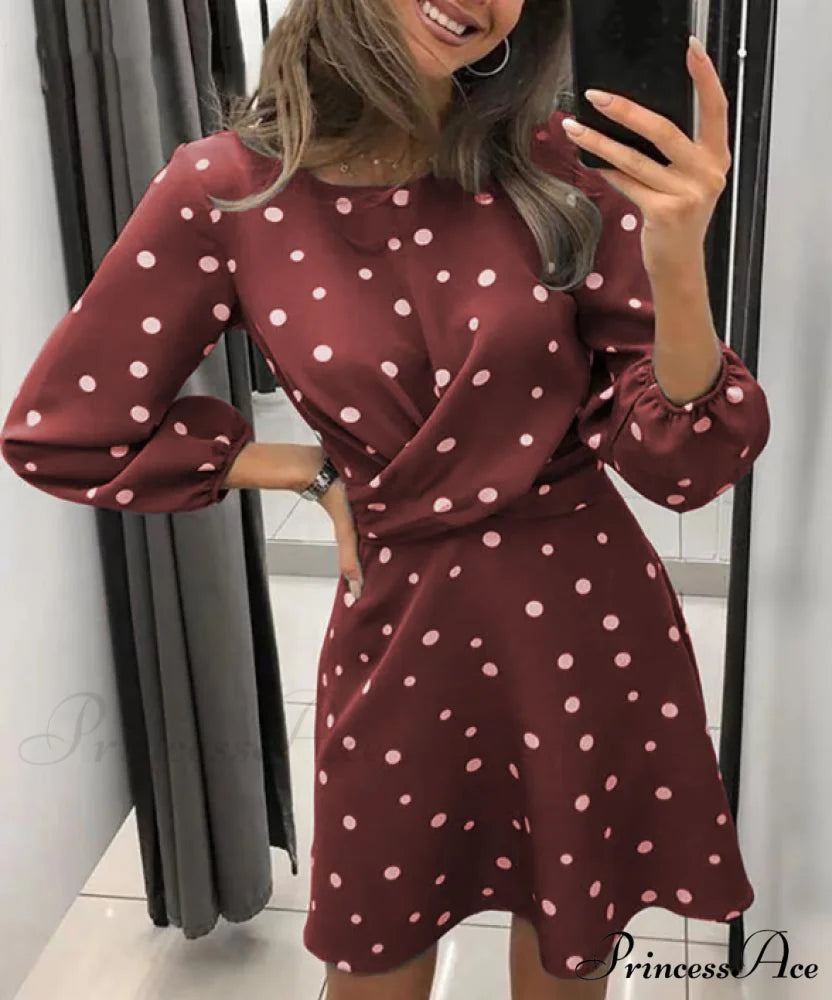 Polka Dot Printed Women’s Dress with O-neck and Long Sleeves S / BURGUNDY