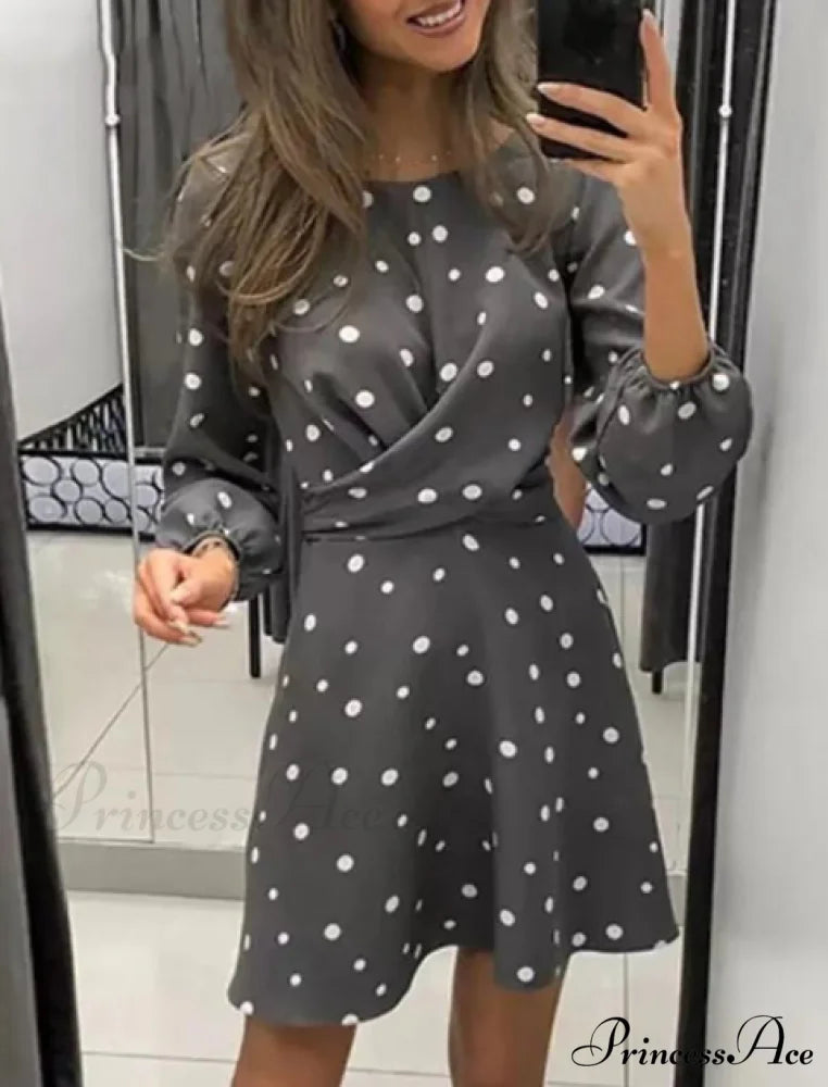 Polka Dot Printed Women’s Dress with O-neck and Long Sleeves S / GRAY