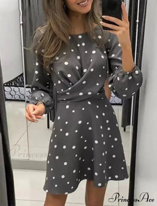 Polka Dot Printed Women’s Dress with O-neck and Long Sleeves S / GRAY