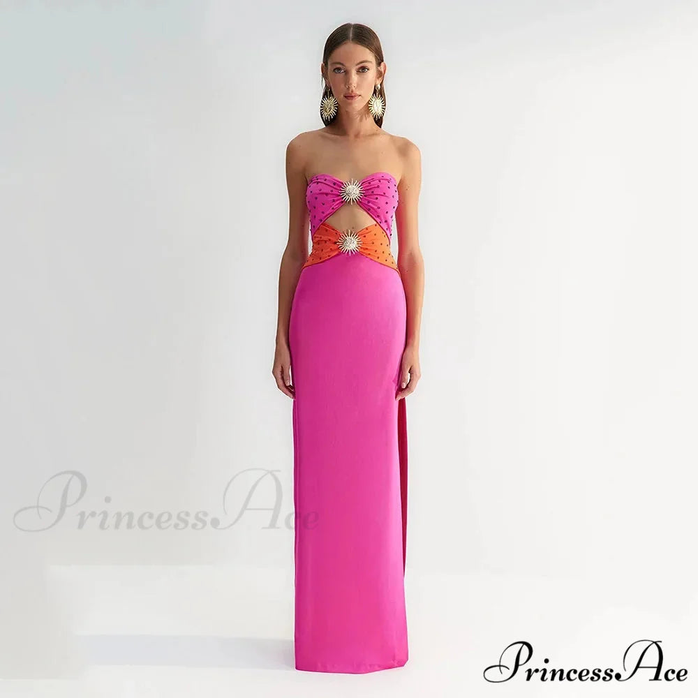 Polka Dot Tube Top Evening Party Dress Pink / XS