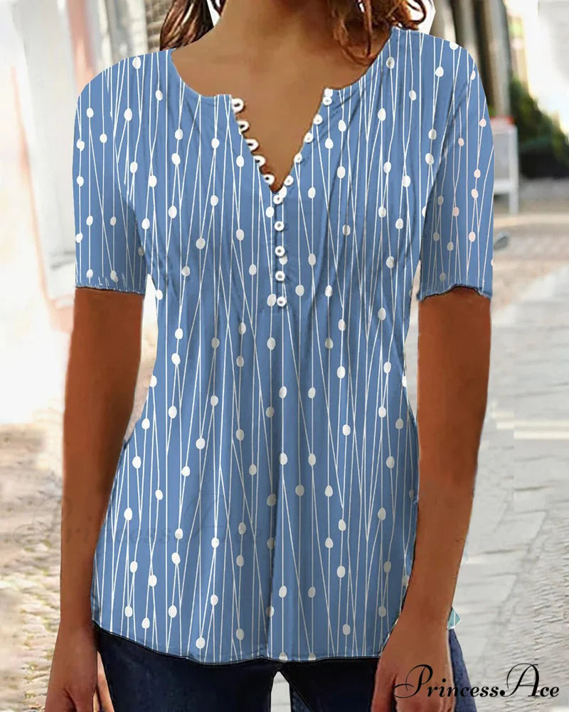 Polka Dot V-Neck T-Shirt Blue / S