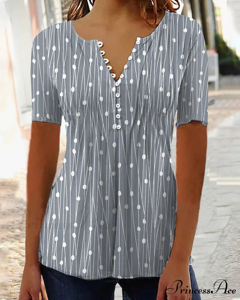 Polka Dot V-Neck T-Shirt Gray / S