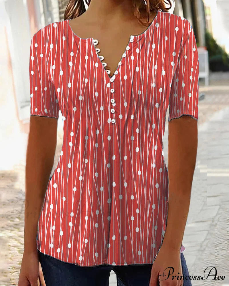 Polka Dot V-Neck T-Shirt Red / S