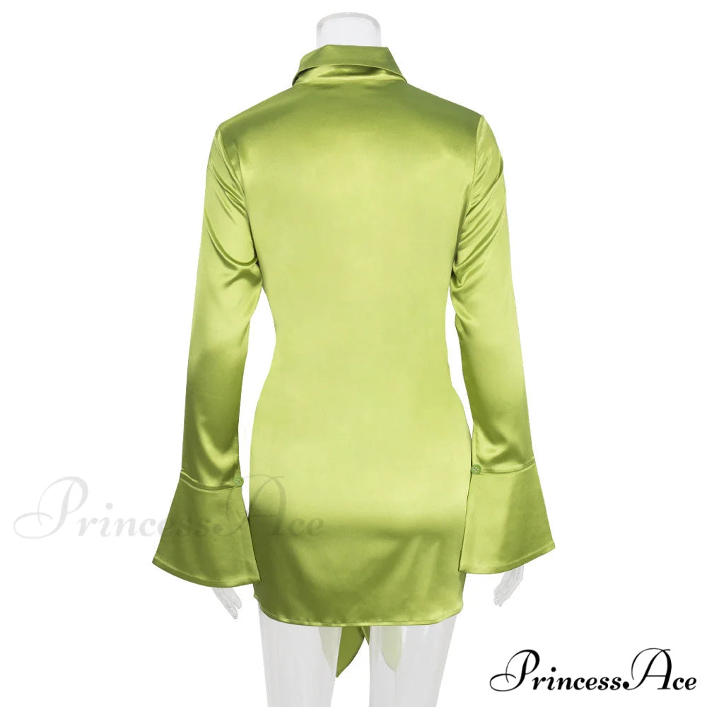 Polo Lapel Dress with Long Sleeves L / GREEN