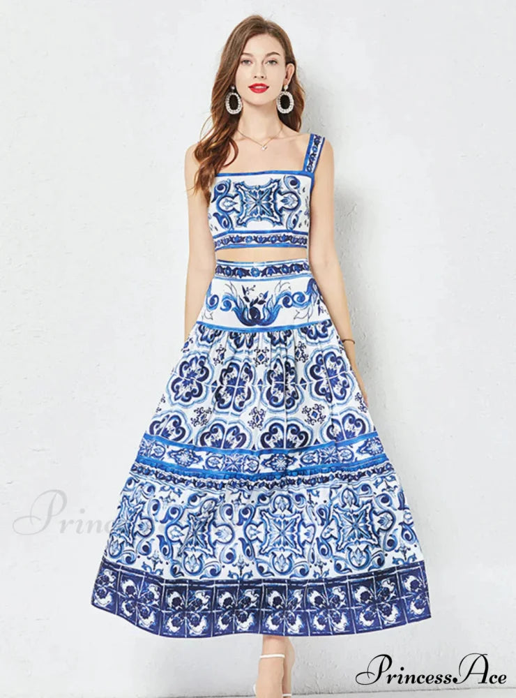 Porcelain Printed Top and Pleated Skirt Set