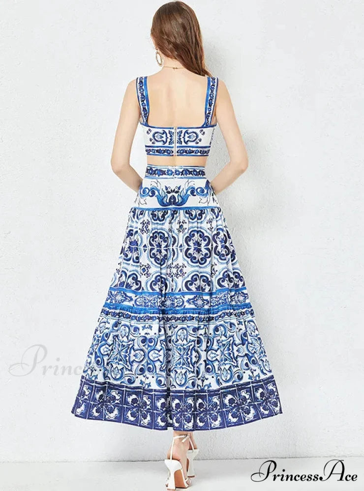 Porcelain Printed Top and Pleated Skirt Set