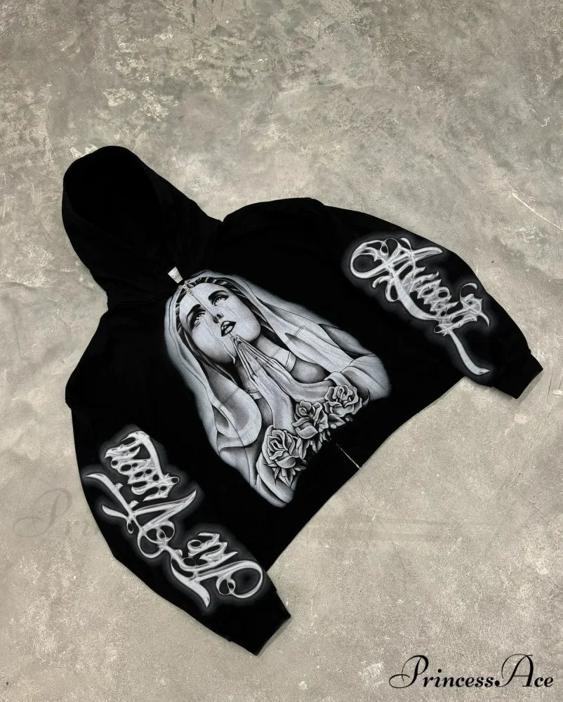 Prayer Portrait Dark Zipper Hoodie black / S hoodies-241228