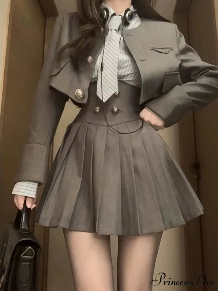 Preppy Style Korean Y2k Mini Skirt Casual Stripe Suit GRAY / S