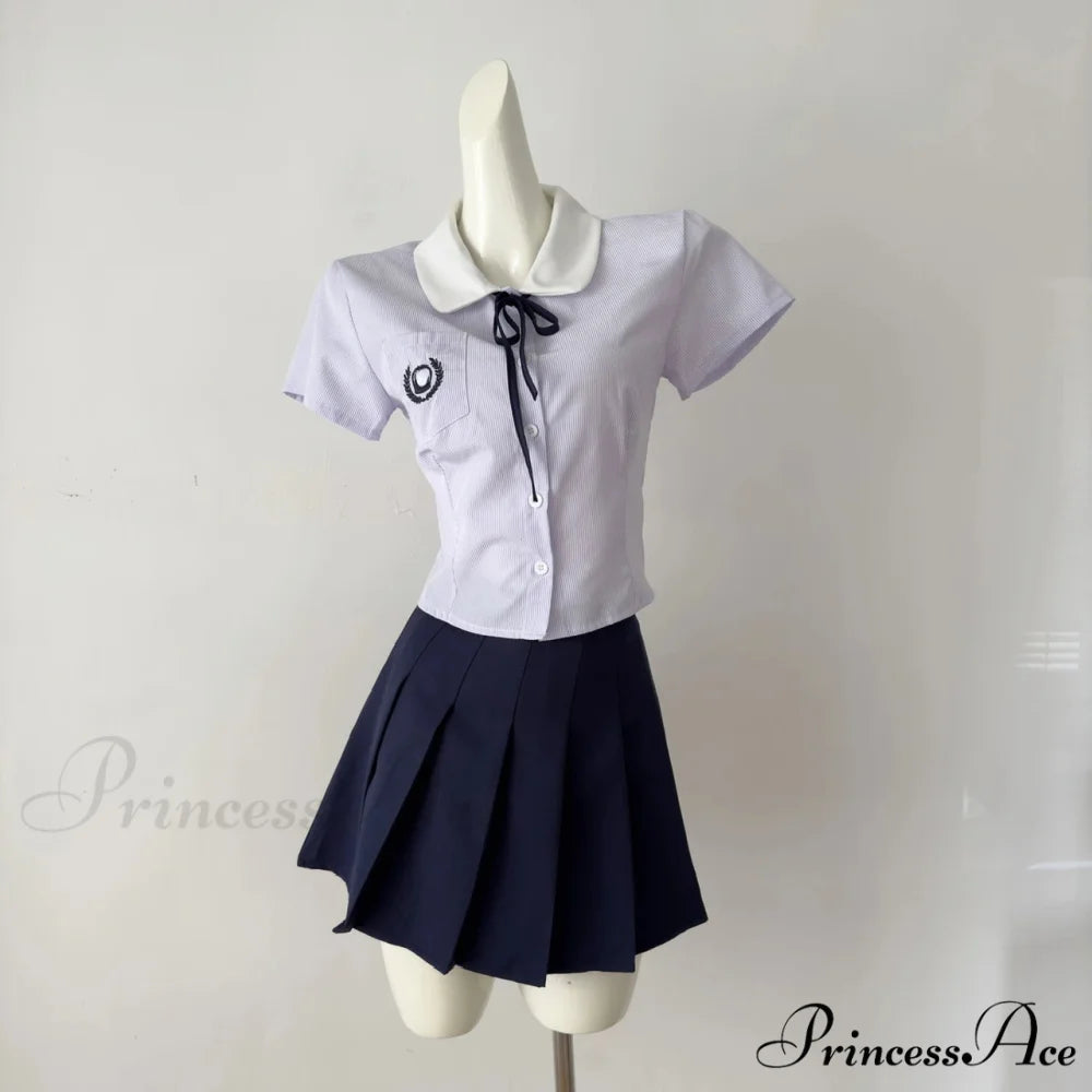 Preppy Style Short Sleeve Pleated Skirt Japanese Kawaii Summer Suit