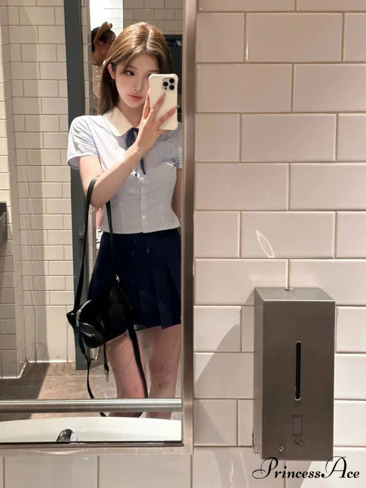 Preppy Style Short Sleeve Pleated Skirt Japanese Kawaii Summer Suit
