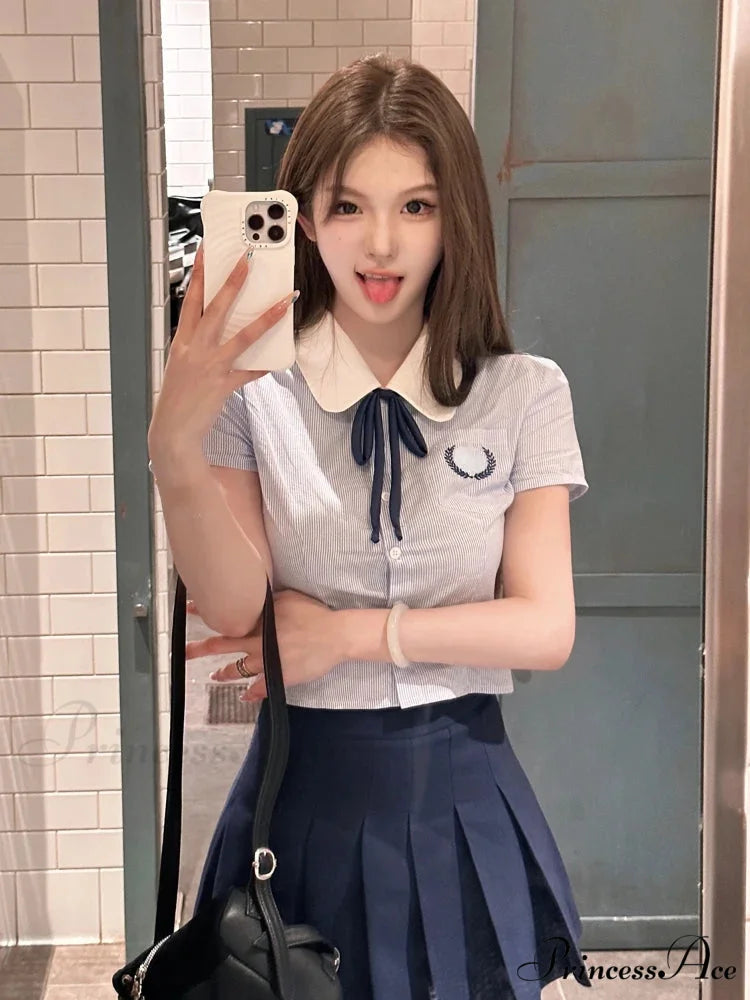 Preppy Style Short Sleeve Pleated Skirt Japanese Kawaii Summer Suit