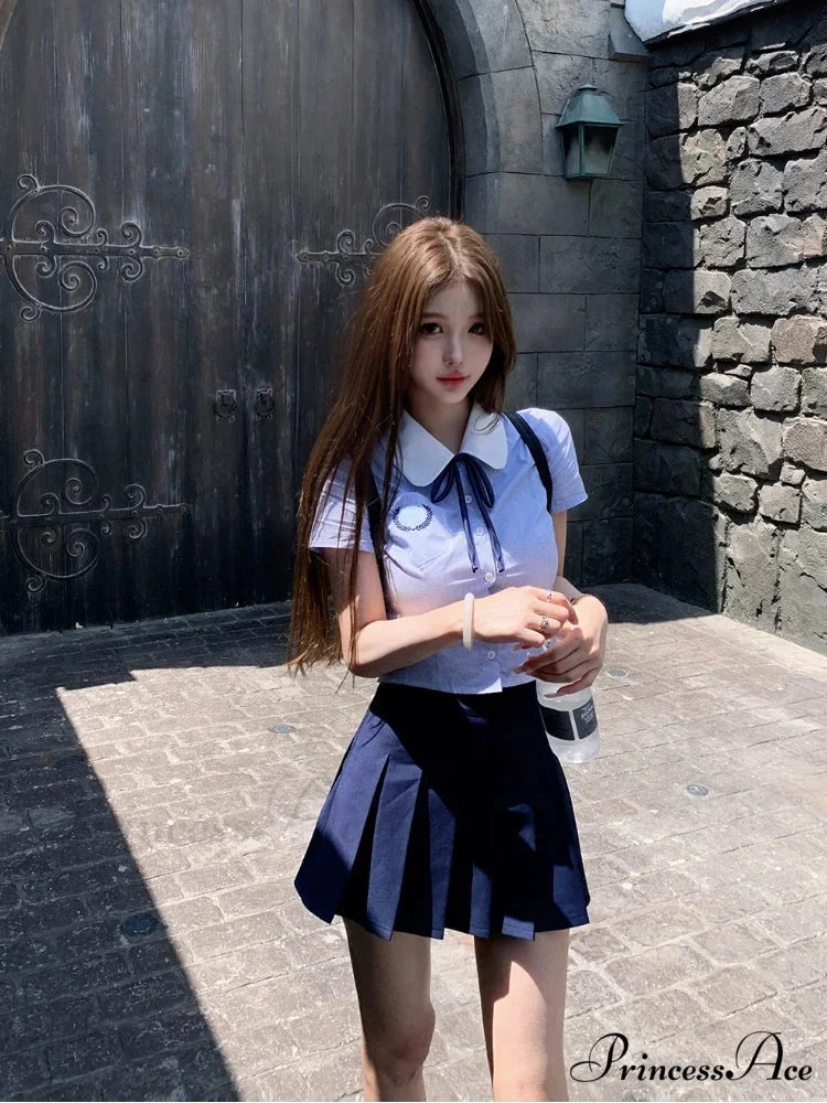 Preppy Style Short Sleeve Pleated Skirt Japanese Kawaii Summer Suit