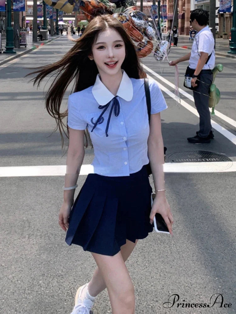 Preppy Style Short Sleeve Pleated Skirt Japanese Kawaii Summer Suit BLUE / XS