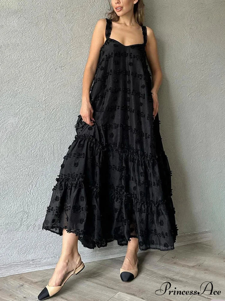 Pretty Flower Decor A-Line Graceful Layered Loose Maxi Dress Black / S