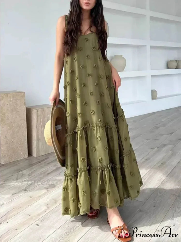 Pretty Flower Decor A-Line Graceful Layered Loose Maxi Dress Green / S