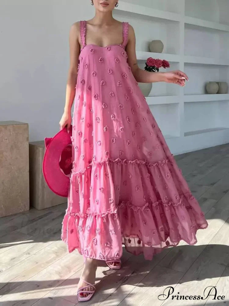 Pretty Flower Decor A-Line Graceful Layered Loose Maxi Dress Pink / S