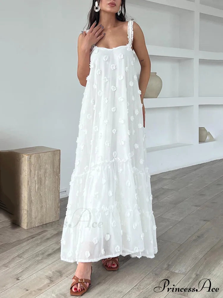 Pretty Flower Decor A-Line Graceful Layered Loose Maxi Dress White / S