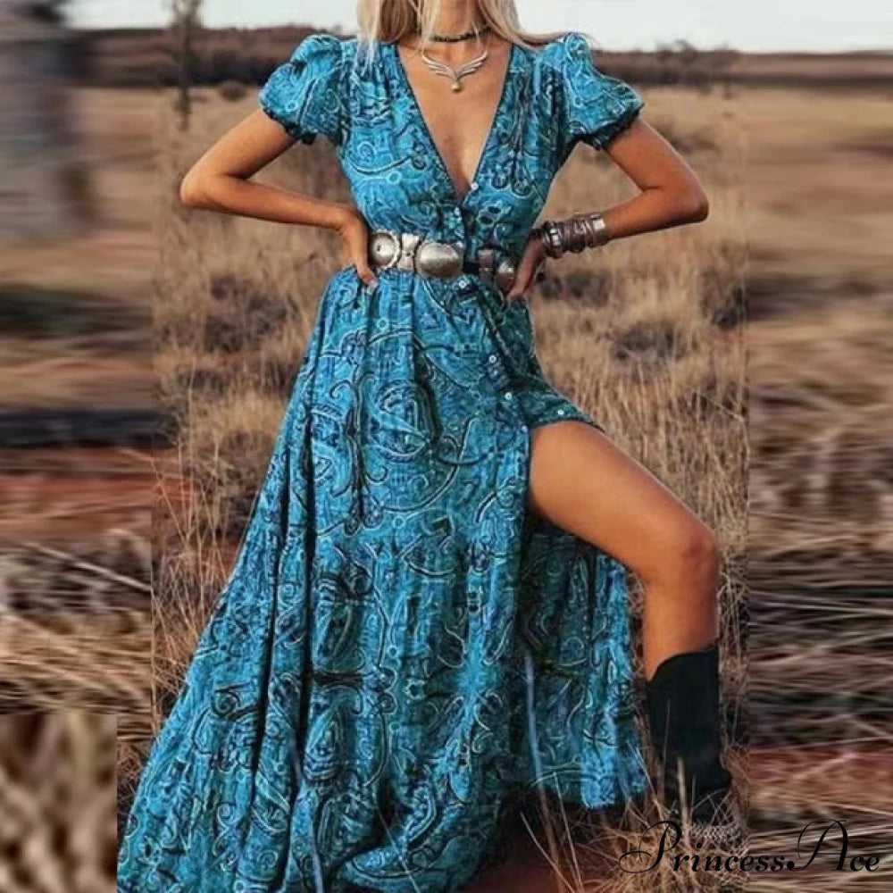 Print A-Line Boho Dress Blue no belt / S
