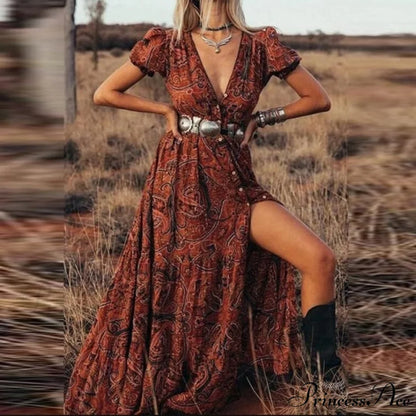 Print A-Line Boho Dress Brown no belt / S