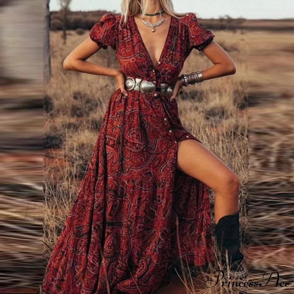 Print A-Line Boho Dress Red no belt / S
