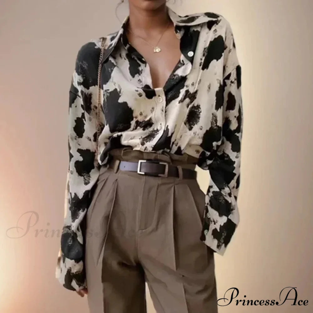 Print Button-up Informal Long Sleeve Blouse Black / S blouse-250126