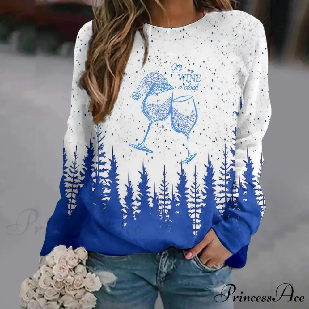 Print Crew Neck Soft Long Sleeve Casual Loose Y2K Winter Christmas Hoodie Blue-3 / S Christmas Hoodies-L
