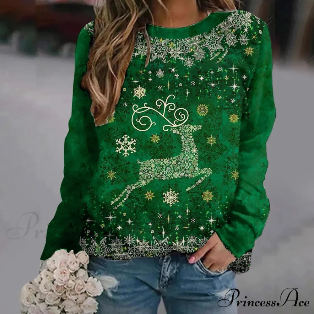 Print Crew Neck Soft Long Sleeve Casual Loose Y2K Winter Christmas Hoodie Green-2 / S Christmas Hoodies-L