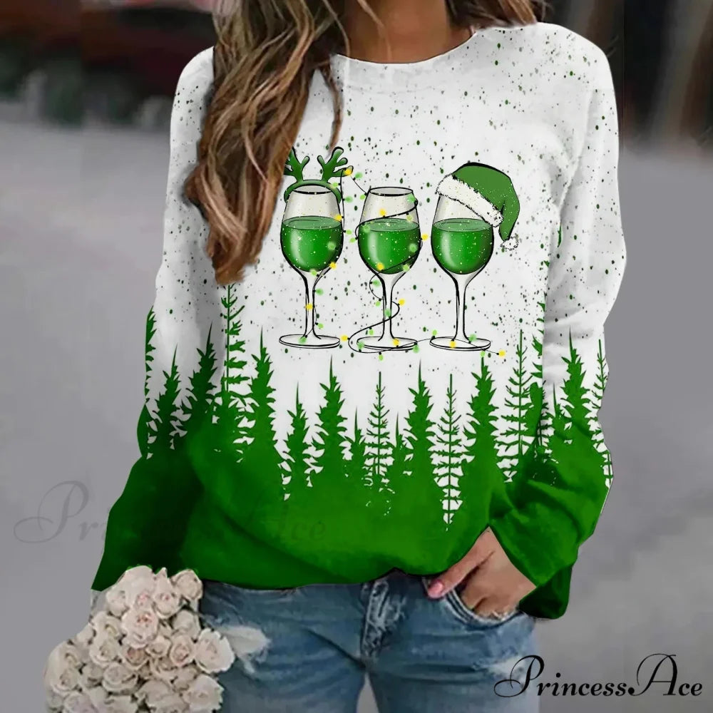 Print Crew Neck Soft Long Sleeve Casual Loose Y2K Winter Christmas Hoodie Green-3 / S Christmas Hoodies-L