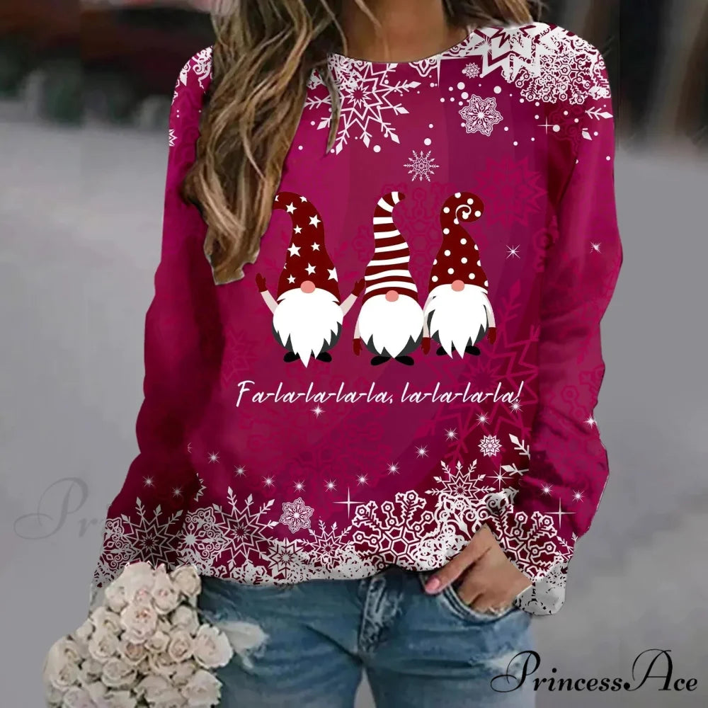 Print Crew Neck Soft Long Sleeve Casual Loose Y2K Winter Christmas Hoodie Hot Pink / S Christmas Hoodies-L