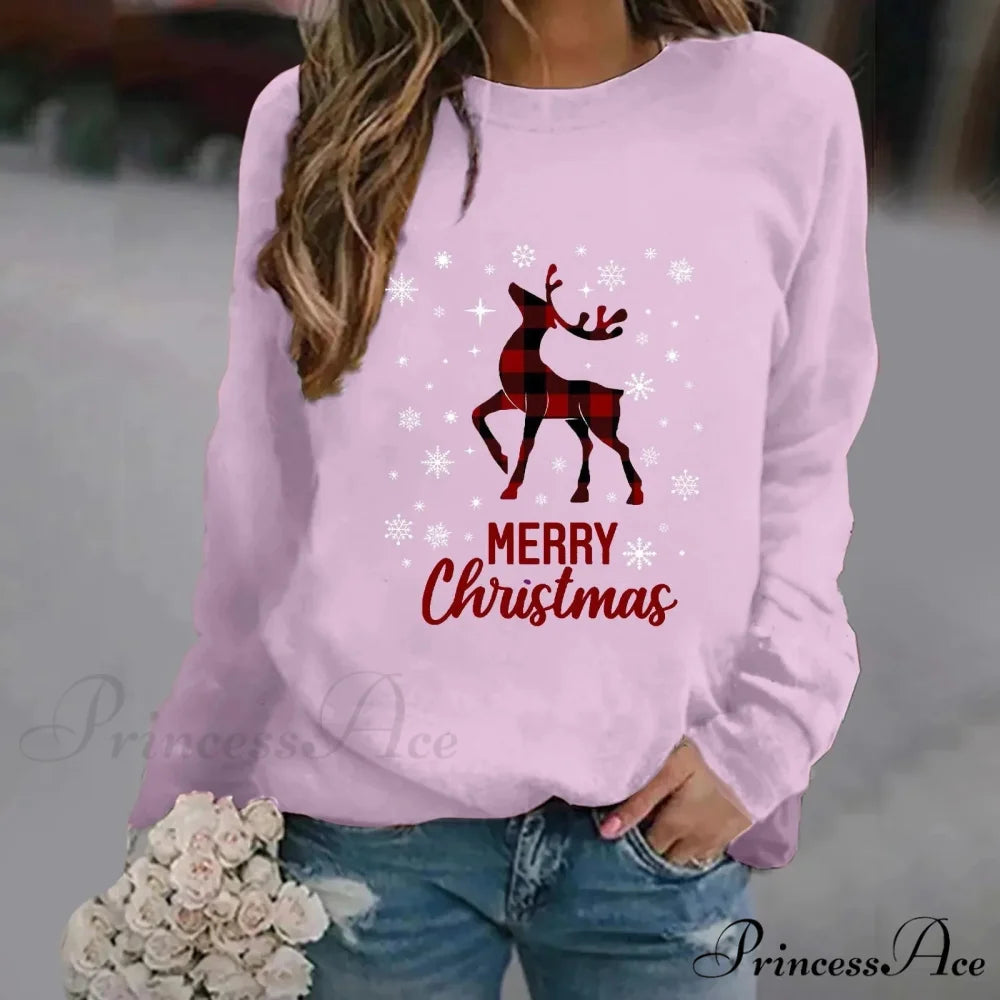 Print Crew Neck Soft Long Sleeve Casual Loose Y2K Winter Christmas Hoodie Pink-1 / S Christmas Hoodies-L