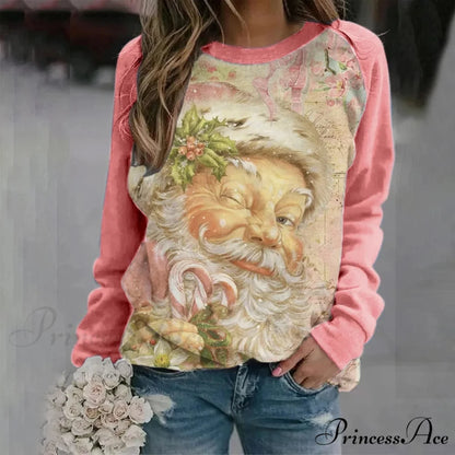 Print Crew Neck Soft Long Sleeve Casual Loose Y2K Winter Christmas Hoodie Pink-2 / S Christmas Hoodies-L