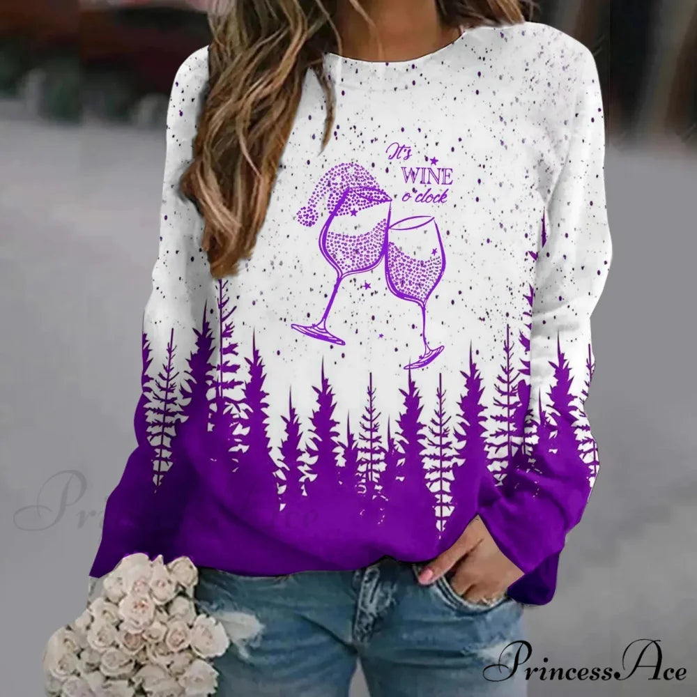 Print Crew Neck Soft Long Sleeve Casual Loose Y2K Winter Christmas Hoodie Purple-2 / S Christmas Hoodies-L