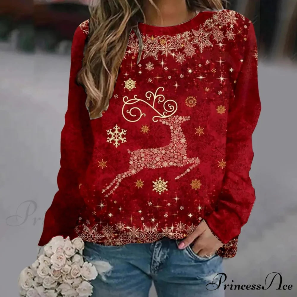 Print Crew Neck Soft Long Sleeve Casual Loose Y2K Winter Christmas Hoodie Red-2 / S Christmas Hoodies-L