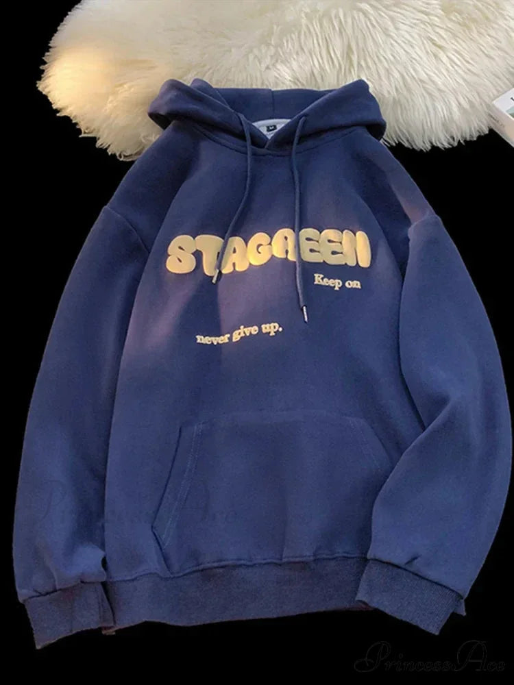 Print Fall Y2K Pocket Hoodie Navy Blue / M(40-45KG) hoodies-241228