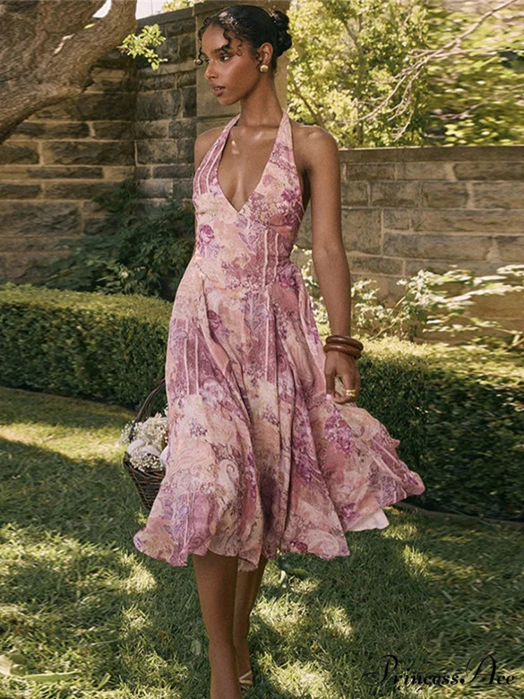 Print Folded A-line Holiday Dress Pink / S vacationdress-250223